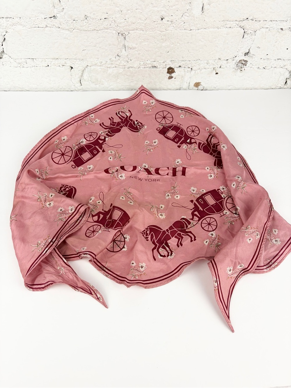 Coach Pink Floral Carriage Horse Floral Diamond Scarf